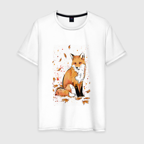 Мужская футболка хлопок Лиса в листьях осеннее настроние FOX IN the forest, цвет белый
