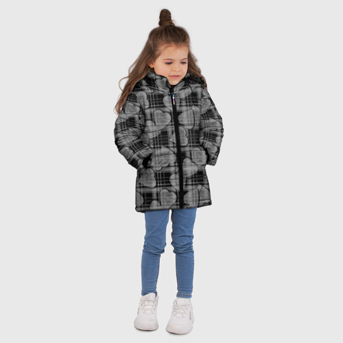 Зимняя куртка для девочек 3D с принтом Черно-серый клетчатый узор с сердцем, вид сбоку #3