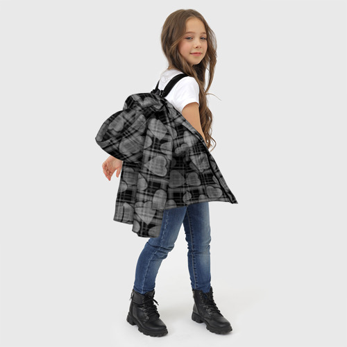 Зимняя куртка для девочек 3D с принтом Черно-серый клетчатый узор с сердцем, фото #4