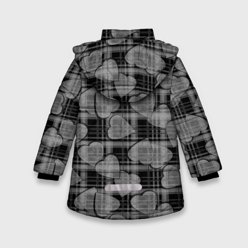 Зимняя куртка для девочек 3D с принтом Черно-серый клетчатый узор с сердцем, вид сзади #1