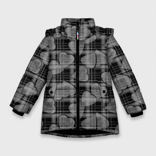 Зимняя куртка для девочек 3D с принтом Черно-серый клетчатый узор с сердцем, вид спереди #2