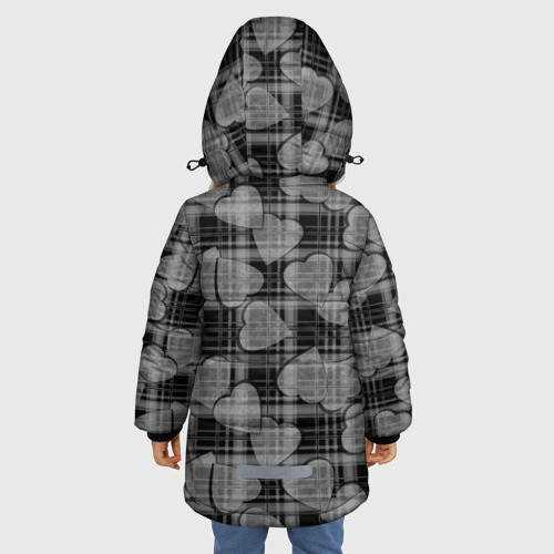 Зимняя куртка для девочек 3D с принтом Черно-серый клетчатый узор с сердцем, вид сзади #2