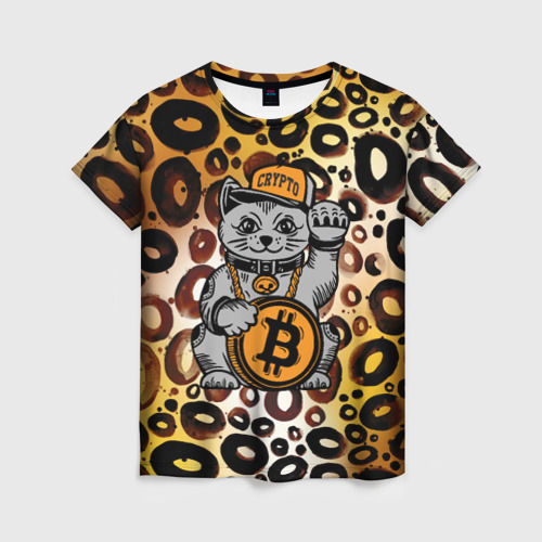 Женская футболка с принтом BitCoin кот, вид спереди №1