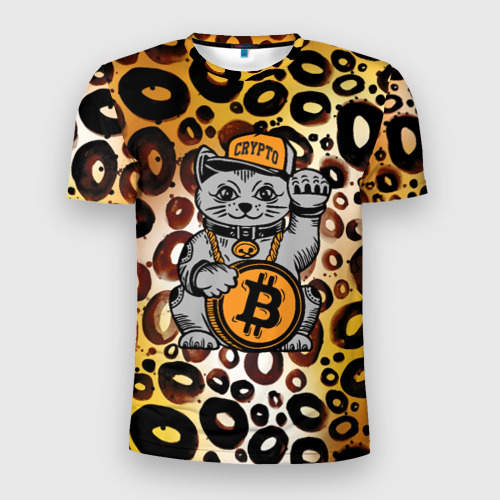 Мужская футболка 3D Slim с принтом BitCoin кот, вид спереди #2