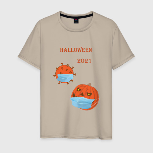 Мужская футболка хлопок Halloween 2021 , тыква в маске и коронавирус, цвет миндальный