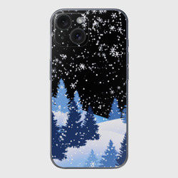 Чехол для iPhone 15 силиконовый с защитой камеры Снежная ночь в зимнем лесу