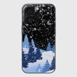 Чехол для iPhone 16 Pro Max силиконовый с защитой камеры Снежная ночь в зимнем лесу