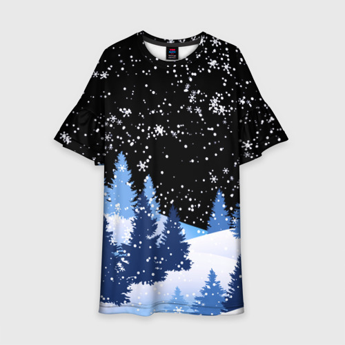 Детское платье 3D Снежная ночь в зимнем лесу, цвет 3D печать