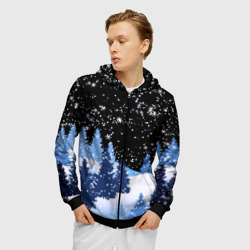 Мужская толстовка 3D на молнии Снежная ночь в зимнем лесу - фото 2