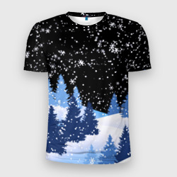 Мужская футболка 3D Slim Снежная ночь в зимнем лесу