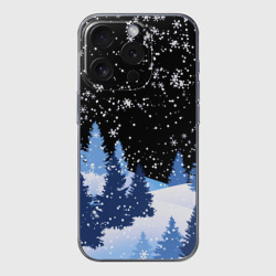 Чехол для iPhone 15 Pro силиконовый с защитой камеры Снежная ночь в зимнем лесу