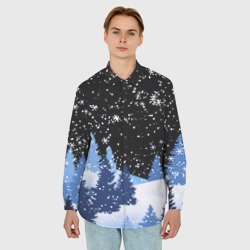 Мужская рубашка oversize 3D Снежная ночь в зимнем лесу - фото 2