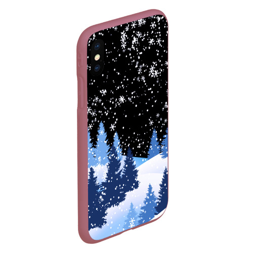 Чехол для iPhone XS Max матовый Снежная ночь в зимнем лесу, цвет малиновый - фото 3