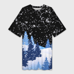 Платье-футболка 3D Снежная ночь в зимнем лесу