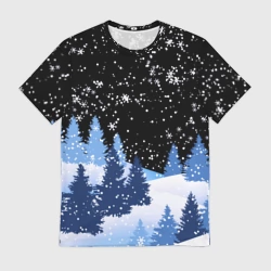 Мужская футболка 3D Снежная ночь в зимнем лесу