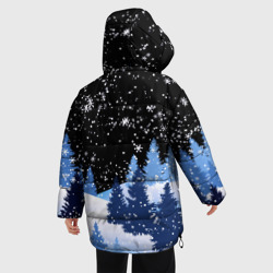 Куртка с принтом Снежная ночь в зимнем лесу для женщины, вид на модели сзади №2. Цвет основы: черный