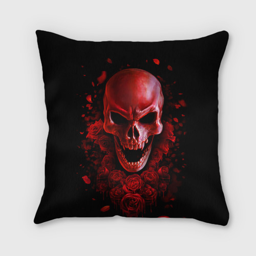 Подушка 3D Красный череп в кровавых розах - фото 2