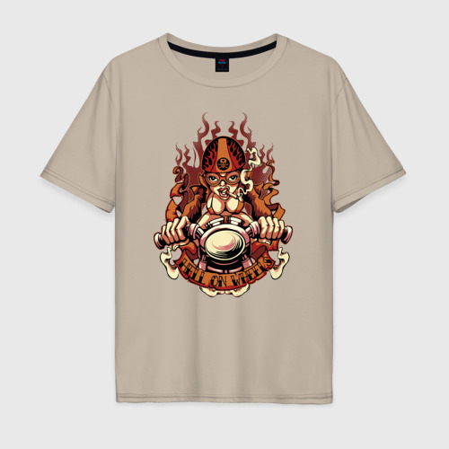 Мужская футболка хлопок Oversize Огненная девушка на мотоцикле, цвет миндальный