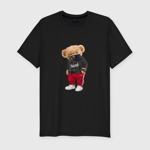 Мужская футболка хлопок Slim Крутой медвежонок в спортивках, цвет черный