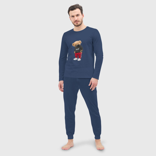 Мужская пижама с лонгсливом хлопок Крутой медвежонок в спортивках, цвет темно-синий - фото 3