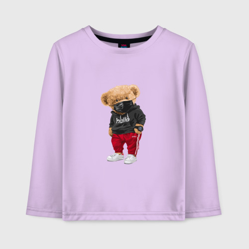Детский лонгслив хлопок Крутой медвежонок в спортивках, цвет лаванда