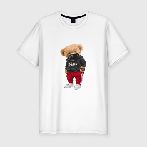 Мужская футболка приталенная из хлопка с принтом Крутой медвежонок в спортивках, вид спереди №1