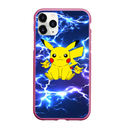 Чехол для iPhone 11 Pro Max матовый Пикачу на фоне молний Pikachu flash