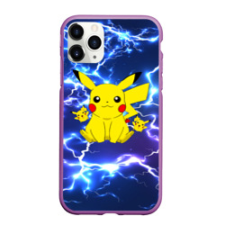 Чехол для iPhone 11 Pro Max матовый Пикачу на фоне молний Pikachu flash