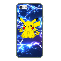 Чехол для iPhone 5/5S матовый Пикачу на фоне молний Pikachu flash