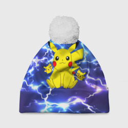 Шапка 3D c помпоном Пикачу на фоне молний Pikachu flash
