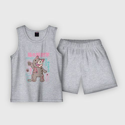 Детская пижама с шортами хлопок Анатомия кота в японском стиле, цвет меланж