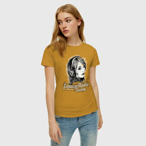 Женская футболка хлопок с принтом Девушка ведущая радио, фото на моделе #1