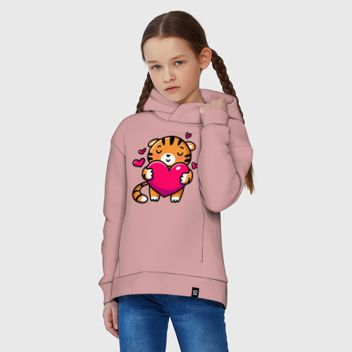 Детское худи Oversize хлопок Милый тигренок с сердечком, цвет пыльно-розовый - фото 3
