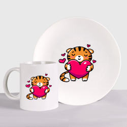 Набор: тарелка + кружка Милый тигренок с сердечком