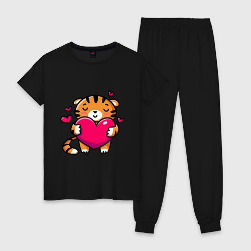 Женская пижама хлопок Милый тигренок с сердечком, цвет черный