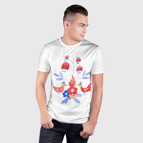 Мужская футболка 3D Slim с принтом Цветочный дизайн и соловей, фото на моделе #1