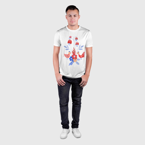 Мужская футболка 3D Slim с принтом Цветочный дизайн и соловей, вид сбоку #3