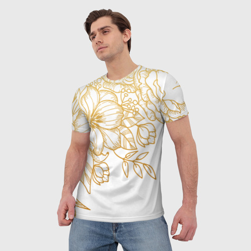 Мужская футболка 3D Золотые цветы на белом, цвет 3D печать - фото 3