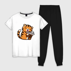 Женская пижама с белой футболкой хлопок Тигренок и кофе