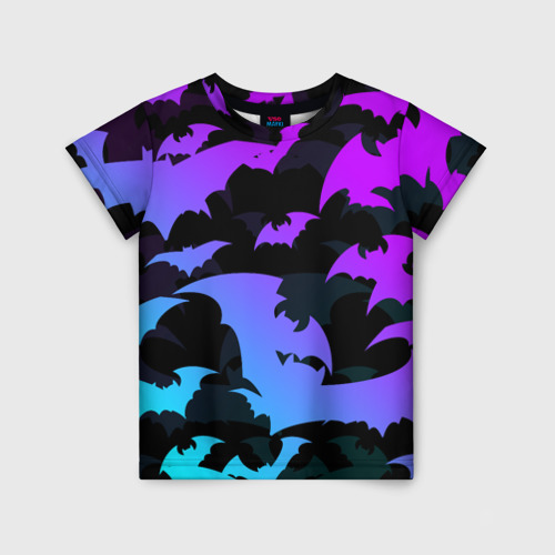Детская футболка с принтом Летучие мыши хеллоуин неон halloween neon, вид спереди №1