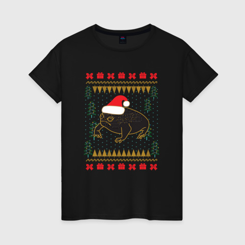 Женская футболка хлопок Рождественский свитер Жаба, цвет черный