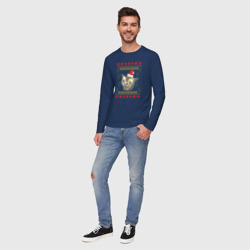 Лонгслив с принтом Рождественский свитер кашляющий кот для мужчины, вид на модели спереди №3. Цвет основы: темно-синий