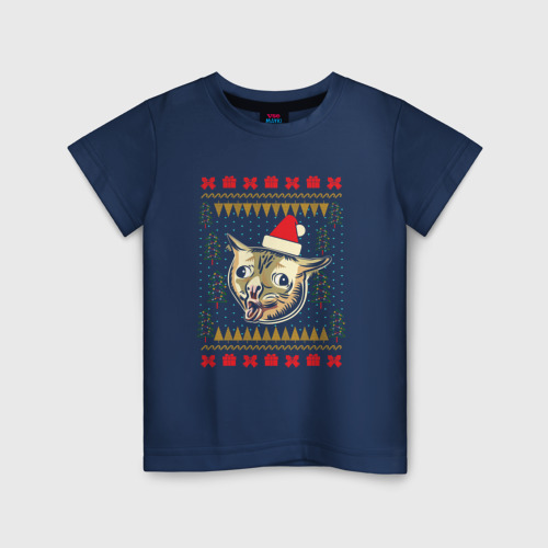 Детская футболка хлопок Рождественский свитер кашляющий кот, цвет темно-синий