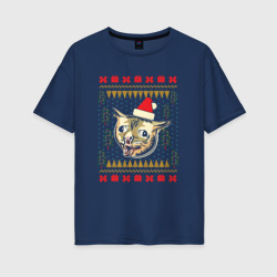 Женская футболка хлопок Oversize Рождественский свитер кашляющий кот