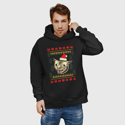 Мужское худи Oversize хлопок Рождественский свитер кашляющий кот, цвет черный - фото 3