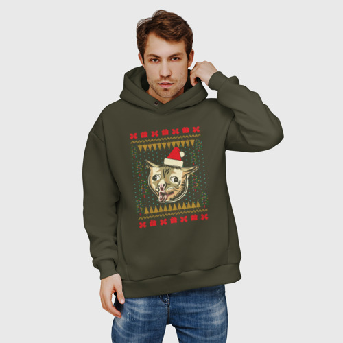 Мужское худи Oversize хлопок Рождественский свитер кашляющий кот, цвет хаки - фото 3
