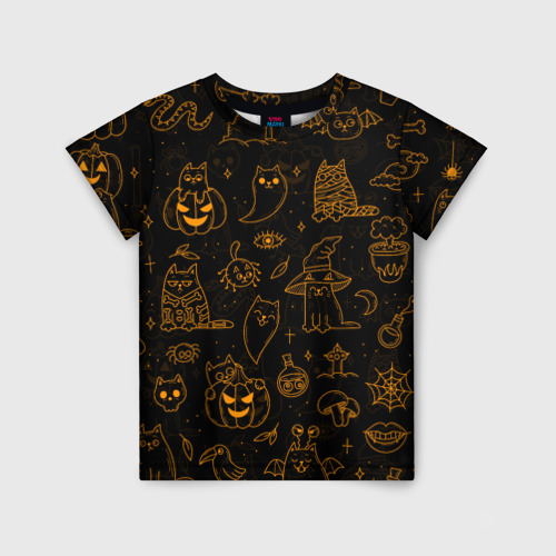 Детская футболка с принтом Хеллоуин паттерн котики halloween kitty, вид спереди №1