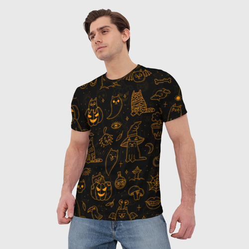 Мужская футболка 3D с принтом ХЕЛЛОУИН ПАТТЕРН КОТИКИ / HALLOWEEN KITTY, фото на моделе #1