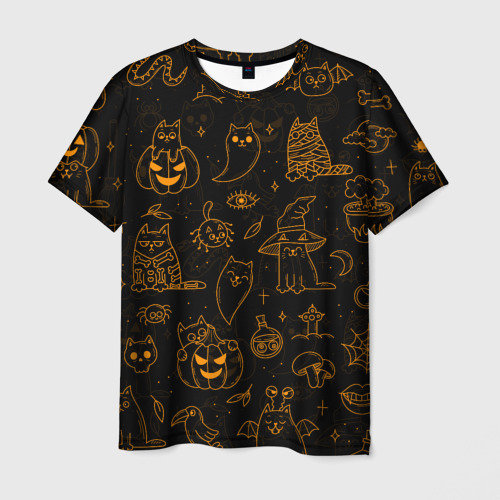 Мужская футболка 3D с принтом ХЕЛЛОУИН ПАТТЕРН КОТИКИ / HALLOWEEN KITTY, вид спереди #2
