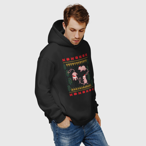 Мужское худи Oversize хлопок Рождественский свитер Лабораторные мыши, цвет черный - фото 7
